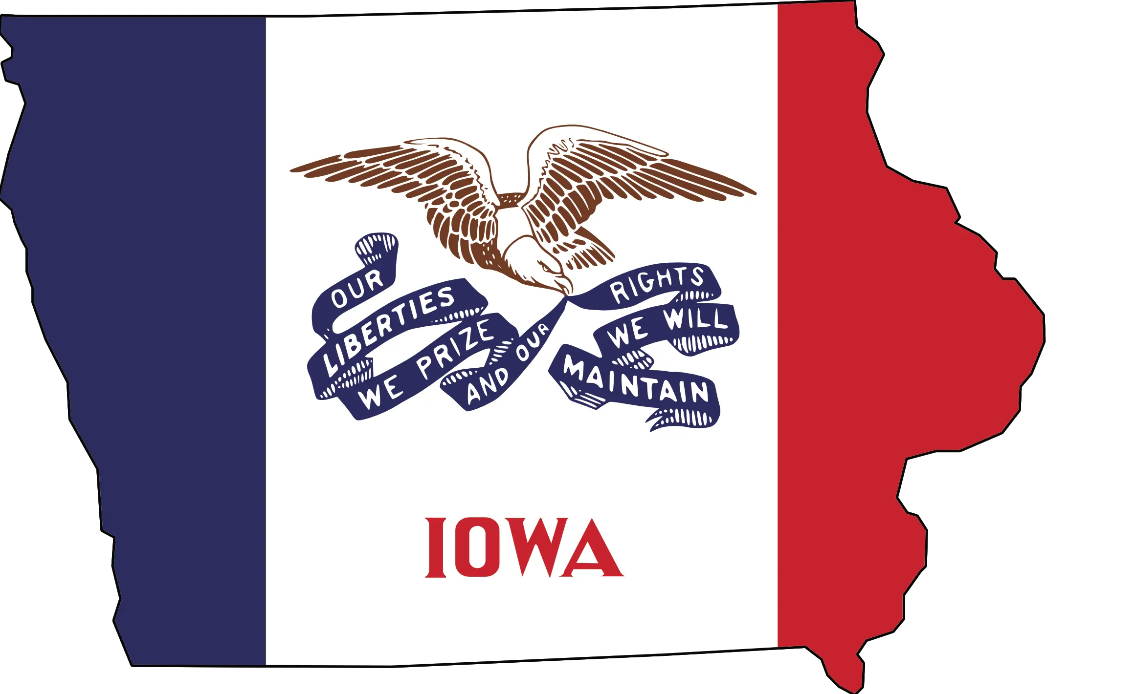 An outline of Iowa with the state flag.